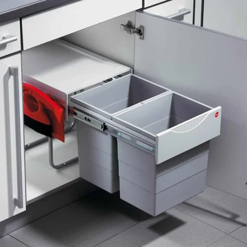 Hulladékgyűjtő szemetes 400 mm, 2x20 literes, szürke, lapáttal és seprűvel