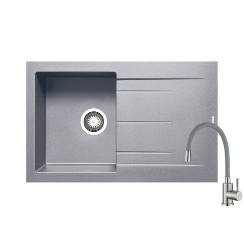 ALAZIA 790 x 500 mm szürke gránit mosogatótálca + rozsdamentes acél csaptelep szürke, flexibilis kifolyócsővel