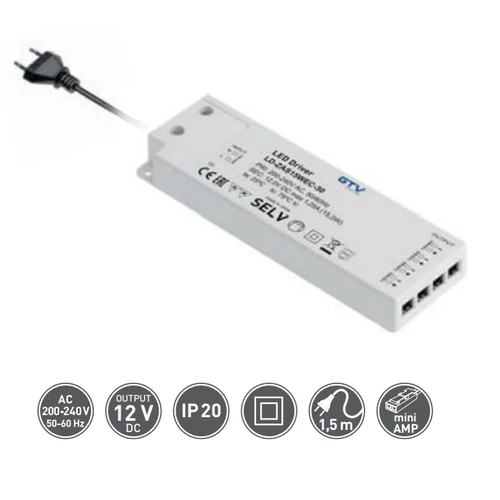 LED trafó 12V, 15W EASY CLICK, mini erősítővel és kábellel