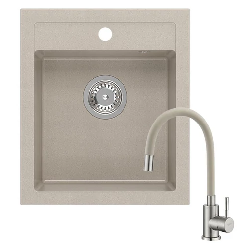 JOHNNY 430x500 mm beige gránit mosogatótálca + rozsdamentes acél csaptelep beige, flexibilis kifolyócsővel