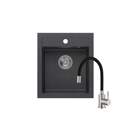 JOHNNY 430 x 500 mm szemcsés fekete gránit mosogatótálca + rozsdamentes acél csaptelep fekete, flexibilis kifolyócsővel