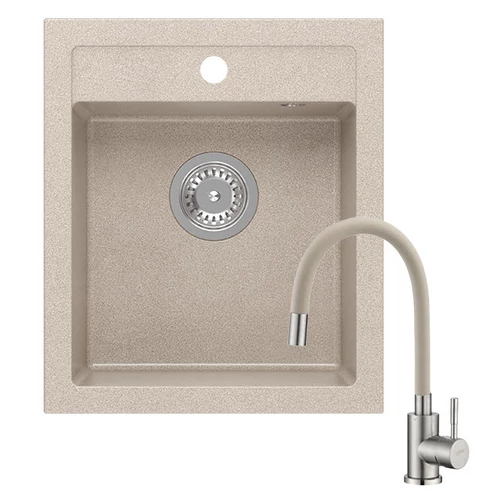 JOHNNY 430x500 mm homok gránit mosogatótálca + rozsdamentes acél csaptelep beige, flexibilis kifolyócsővel