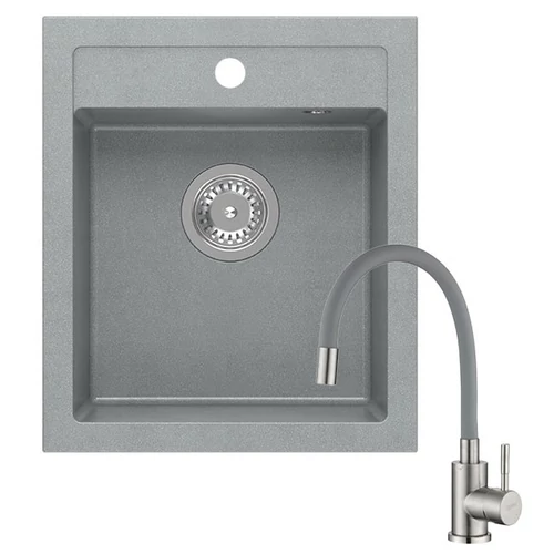 JOHNNY 430 x 500 mm szürke gránit mosogatótálca + rozsdamentes acél csaptelep szürke, flexibilis kifolyócsővel