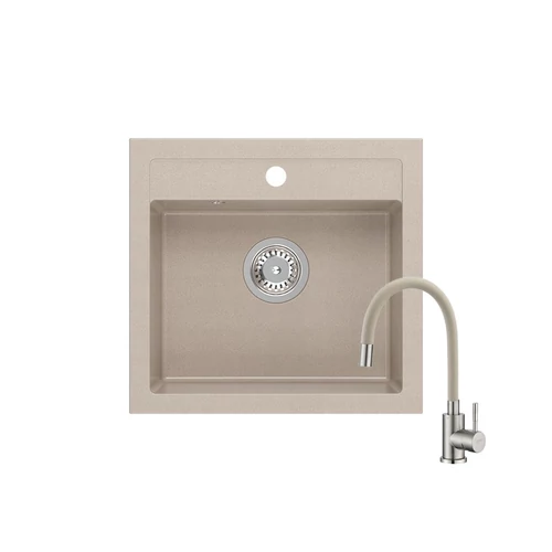 JOHNNY 500 x 470 mm beige gránit mosogatótálca + rozsdamentes acél csaptelep beige, flexibilis kifolyócsővel