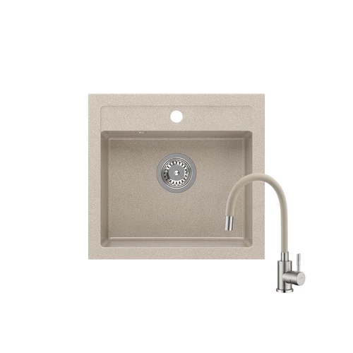 JOHNNY 500 x 470 mm homok gránit mosogatótálca + rozsdamentes acél csaptelep beige, flexibilis kifolyócsővel