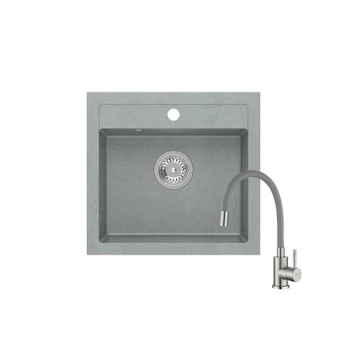 JOHNNY 500 x 470 mm azürke gránit mosogatótálca + rozsdamentes acél csaptelep szürke, flexibilis kifolyócsővel