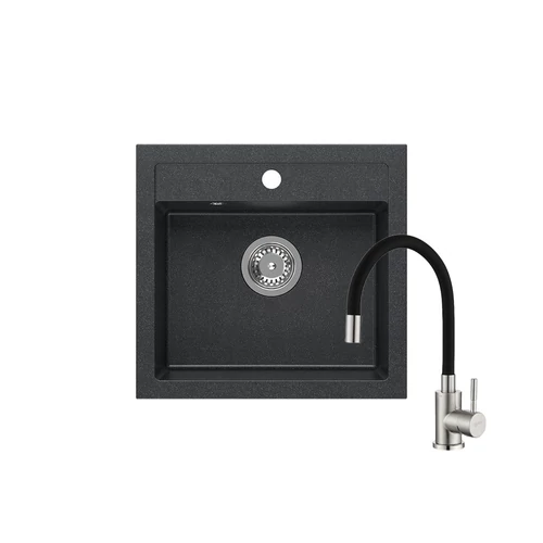 JOHNNY 500 x 470 mm szemcsés fekete gránit mosogatótálca + rozsdamentes acél csaptelep fekete, flexibilis kifolyócsővel