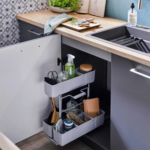 Alsószekrénybe szerelhető, fékes tisztítószerrendező, szürke