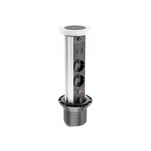 CAMINO kihúzható 2-s elosztó, 2 db USB-vel, vezeték nélküli töltéssel, éjszakai fénnyel, fehér