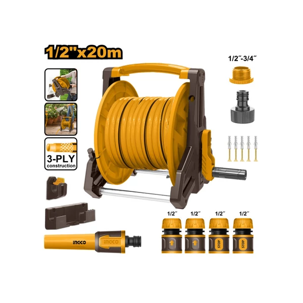 Tömlőtartó kocsi szett (1 x 20 m 3 rétegű tömlő + 9 részes locsolástechnikai készlet)