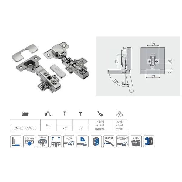 Ráütődő fékes kivetőpánt eurocsavar nélkül