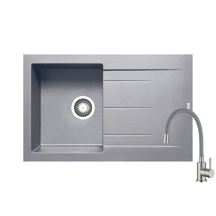 ALAZIA 790 x 500 mm szürke gránit mosogatótálca + rozsdamentes acél csaptelep szürke, flexibilis kifolyócsővel