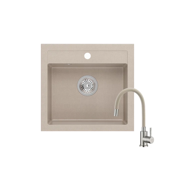 JOHNNY 500 x 470 mm beige gránit mosogatótálca + rozsdamentes acél csaptelep beige, flexibilis kifolyócsővel