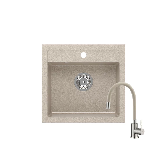 JOHNNY 500 x 470 mm homok gránit mosogatótálca + rozsdamentes acél csaptelep beige, flexibilis kifolyócsővel