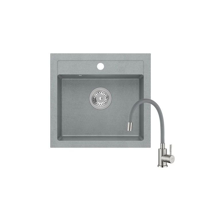 JOHNNY 500 x 470 mm azürke gránit mosogatótálca + rozsdamentes acél csaptelep szürke, flexibilis kifolyócsővel